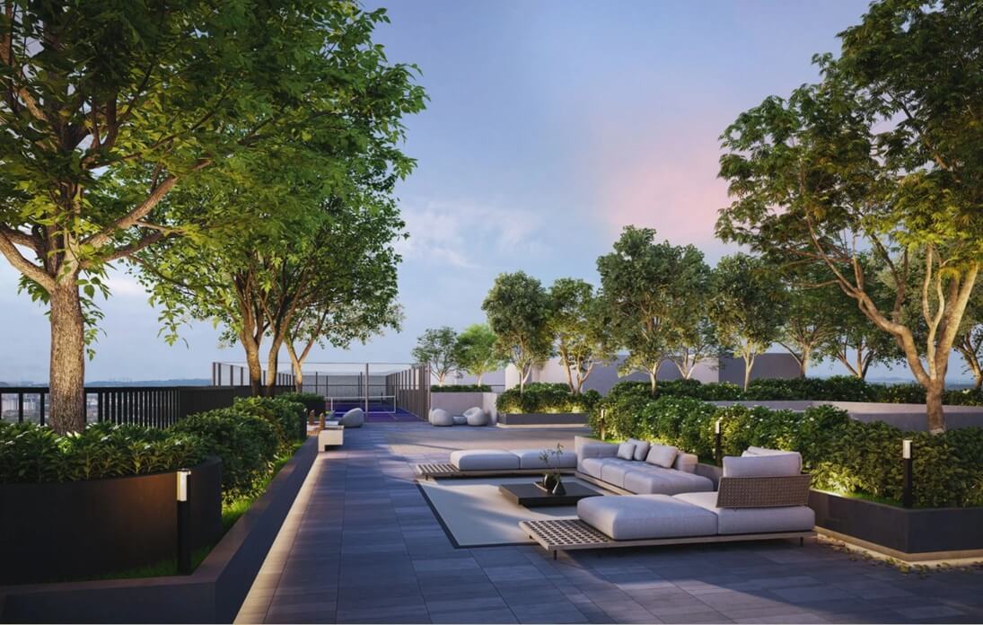 Moonlight Oasis rooftop garden at dusk
