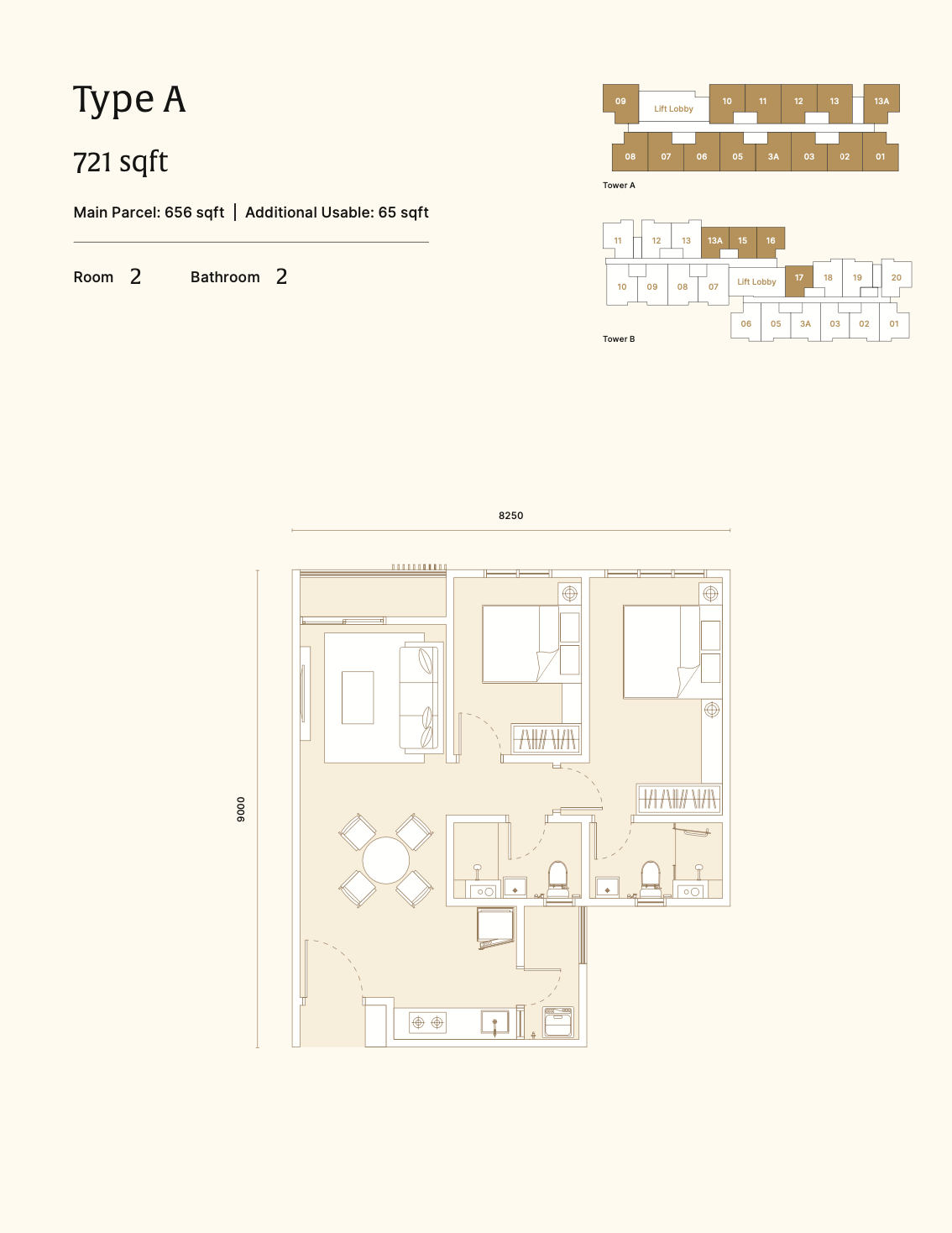 Type A floor plan — 2 bedroom, 2 bathroom, 721 sqft